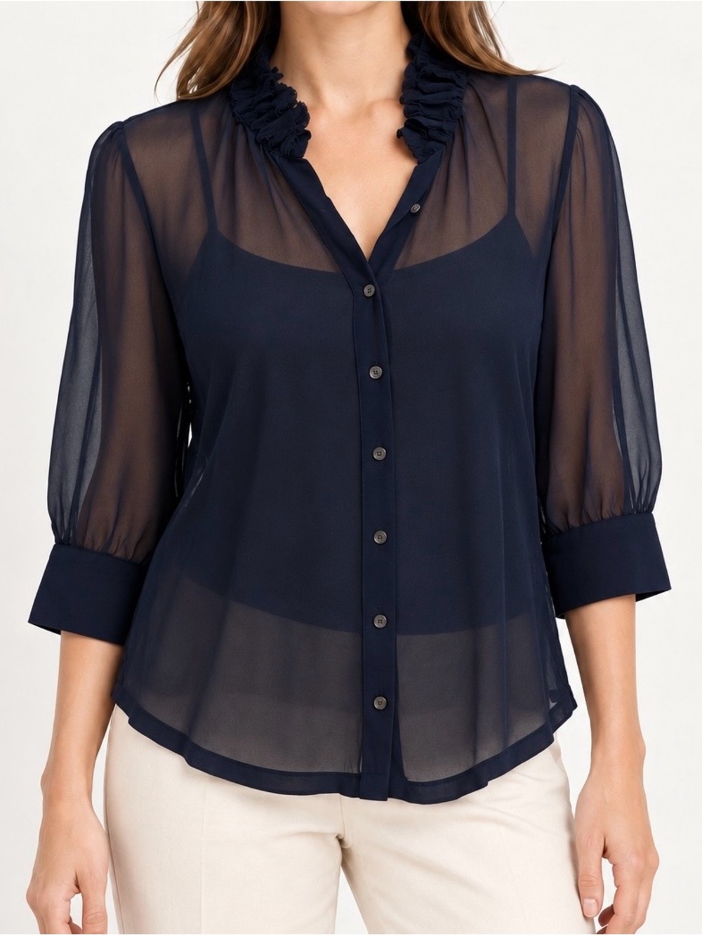 Navy Sheer Button-Front Ruffle Collar Blouse
